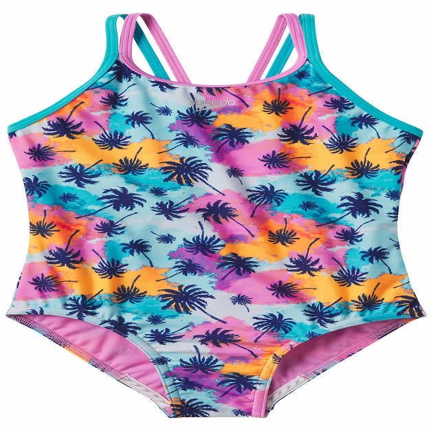 Speedo Girls Thin Strap One Piece Swimsuit (US, Alpha, Small, Regular, Multi Palm)