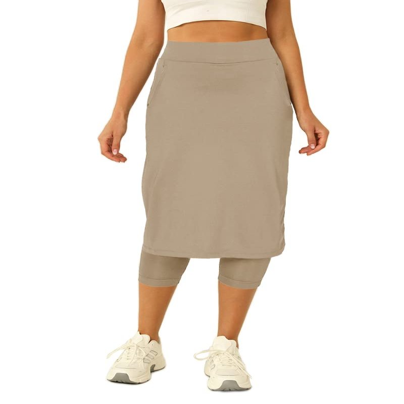 Aurgelmir Womens Tennis Skirt with Capris Leggings Golf Knee Length Skorts Athletic Long Skirts for Women with Pockets Khaki