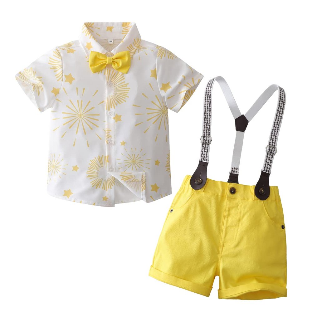 Tiepant Infant Short Sleeve Shirt + Suspender Short Shorts Suits with Flowers Printed for Baby Boy Formal Bowtie Tuxedo Yellow 18-24M