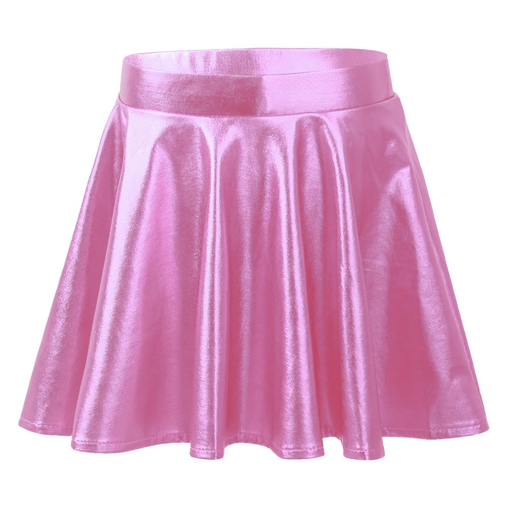 Freebily Girls Shiny Metallic Hip Hop Jazz Dance Skirt Mini Pleated Skater Skirt Athletic Cheerleading Skort Skirt Pink 6 Years