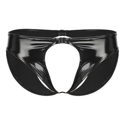 YONGHS Mens Latex PVC Faux Leather Short Pants Solid Backless Crotchless Boxer Shorts Hot Pants 3# Black X-Large