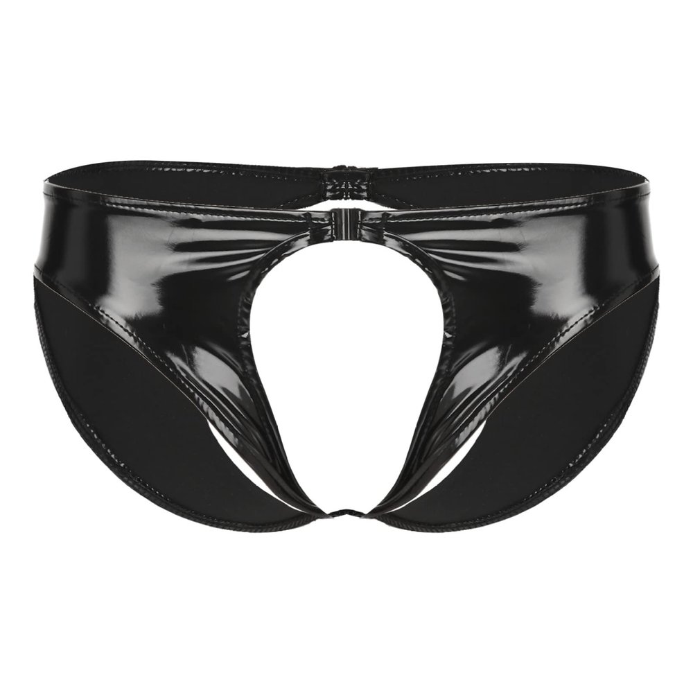YONGHS Mens Latex PVC Faux Leather Short Pants Solid Backless Crotchless Boxer Shorts Hot Pants 3# Black X-Large