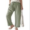 ebossy Women's Summer Drawstring Elastic Waist Cotton Linen Utility Beach Palazzo Pants Pockets (L, Green) view 1