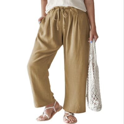 ebossy Women's Summer Drawstring Elastic Waist Cotton Linen Utility Beach Palazzo Pants Pockets (M, Khaki)