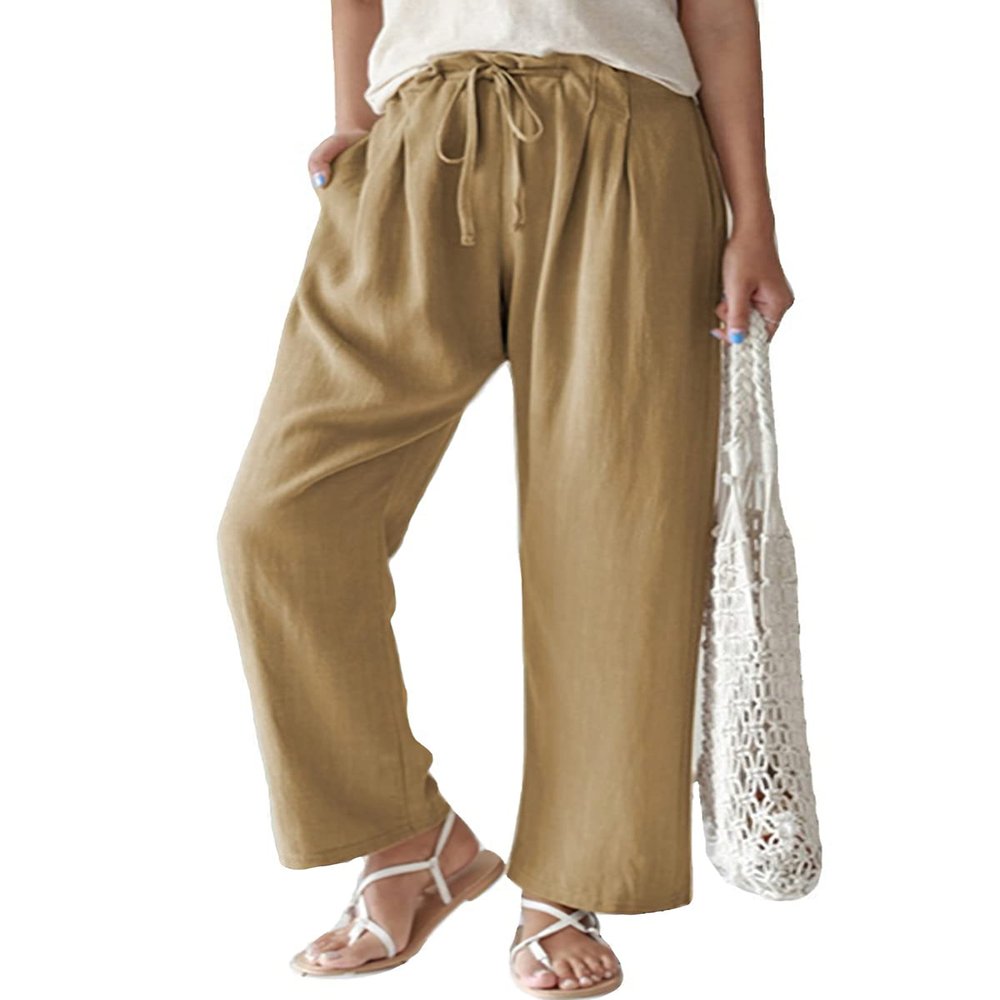 ebossy Women's Summer Drawstring Elastic Waist Cotton Linen Utility Beach Palazzo Pants Pockets (M, Khaki)