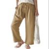 ebossy Women's Summer Drawstring Elastic Waist Cotton Linen Utility Beach Palazzo Pants Pockets (M, Khaki) view 1