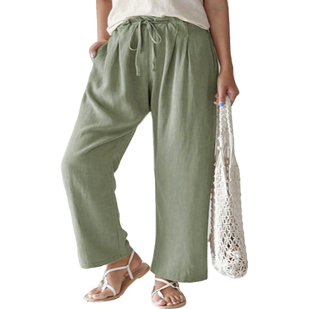 ebossy Women's Summer Drawstring Elastic Waist Cotton Linen Utility Beach Palazzo Pants Pockets (M, Green)