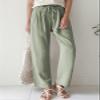 ebossy Women's Summer Drawstring Elastic Waist Cotton Linen Utility Beach Palazzo Pants Pockets (M, Green) view 2