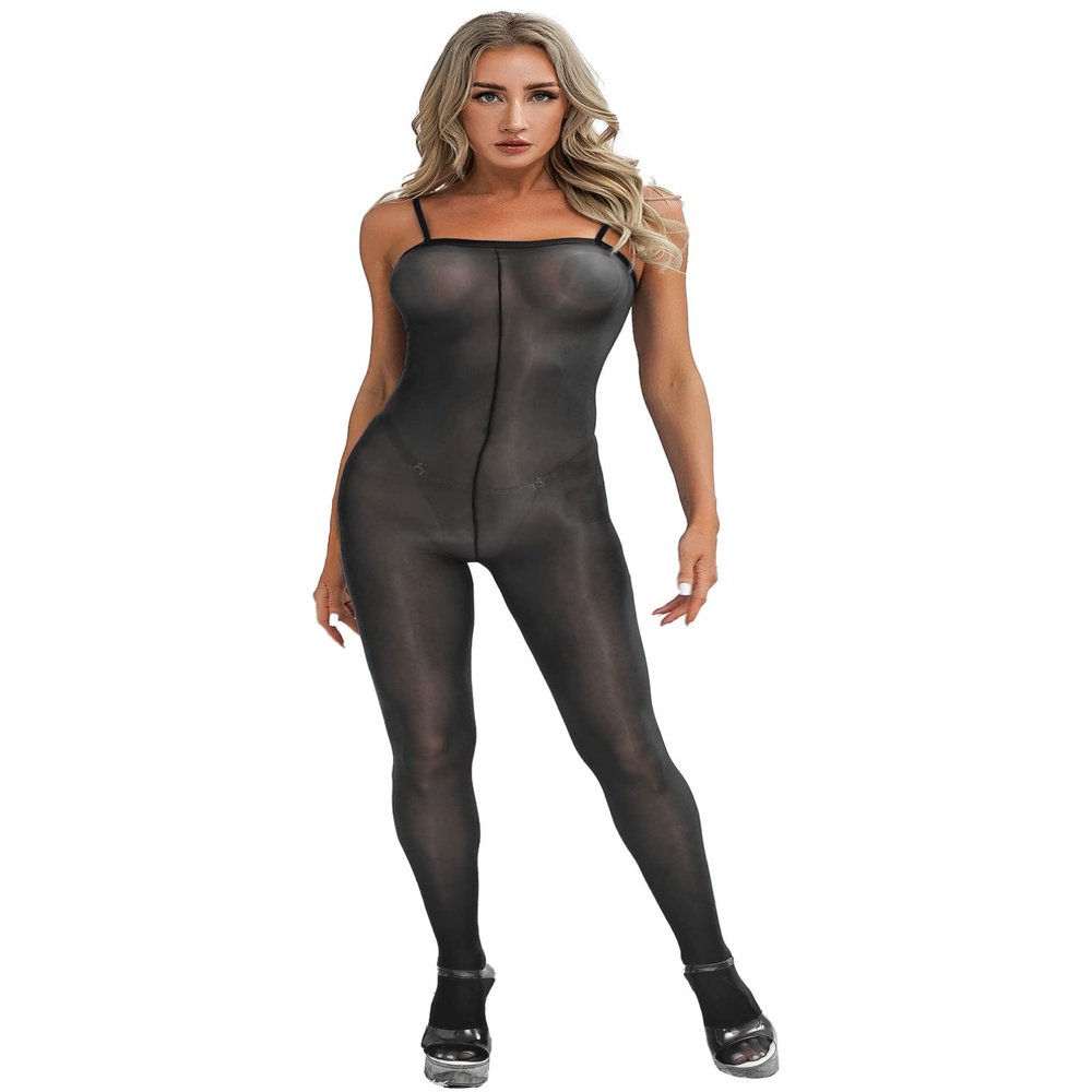 Agoky Women's Glossy Sheer Bodystocking Lingerie High Elastic Jumpsuits Sexy Body Stocking Bodysuits Black One Size