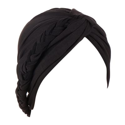 Women Twisted Braid Turban Hats Stretch Not Slip Head Scarf Wrap Cap Cancer Chemo Muslim African Hat (Black, One Size)