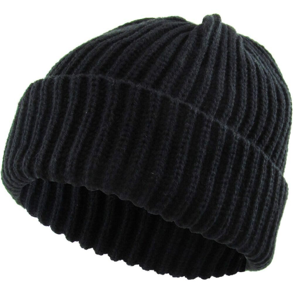 1 Pcs of Thick Ribbed Beanie Knit Ski Cap Skull Hat Warm Solid Color Winter Cuff Blank (Black)
