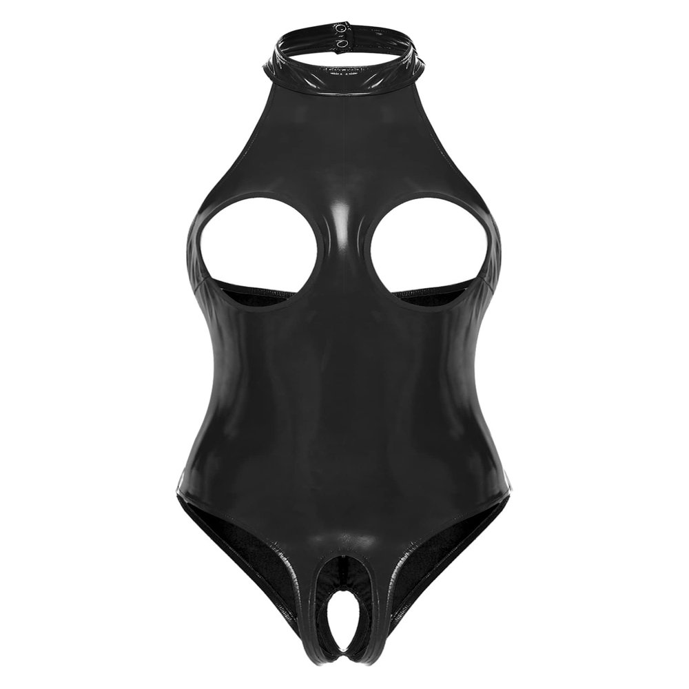 YONGHS Women PVC Leather Open Front Long Sleeves Zipper Crotch Bodycon Tank Bodysuit Leotard Catsuit 2# Black 3X-Large
