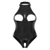 YONGHS Women PVC Leather Open Front Long Sleeves Zipper Crotch Bodycon Tank Bodysuit Leotard Catsuit 2# Black 3X-Large view 1