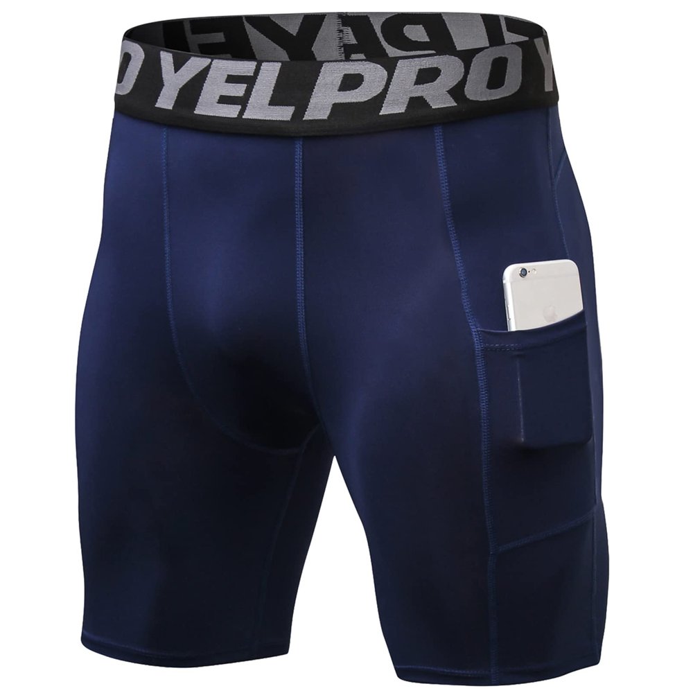 SPVISE Navy Men's Compression Shorts with Phone Pocket Cool Dry Workout Running Gym Leggings Shorts Spandex Underwear for Men