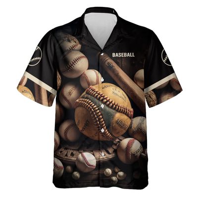 Baseball Hawaiian Shirt for Men - Vintage Ball Cruise Shirt, Button Down Shirt Short Sleeve (MP_Baseball_03) Size 4XL