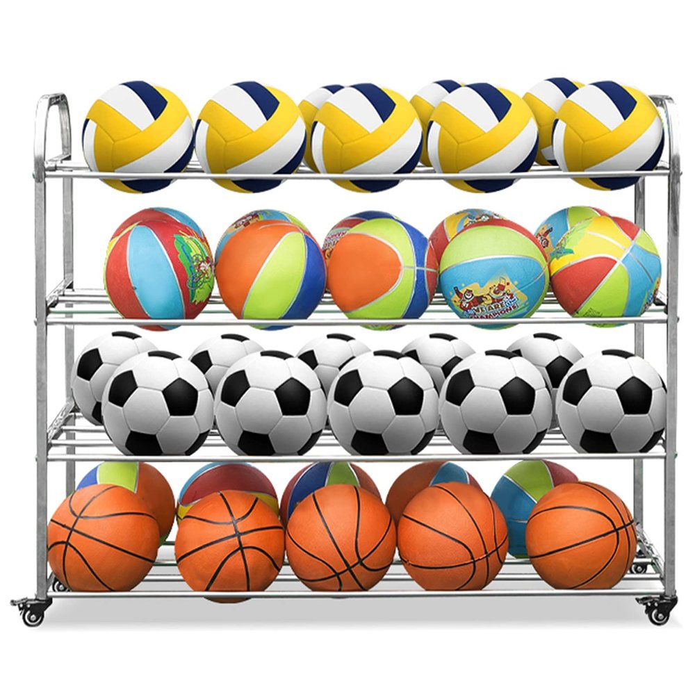 Bsetain Sports Ball Racks Double-Sided Basketball Storage Rack Stainless Steel, Garage Sports Ball Organizer for Playgroup Gym Schools, Gift for Boys/Girls