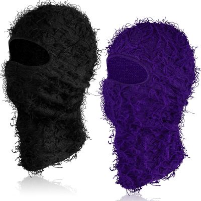 Newcotte 2 Pack Adult Distressed Balaclava Ski Mask Full Face Knitted Balaclava Windproof Cool Ski Mask for Cold Weather(Large,Black, Purple)