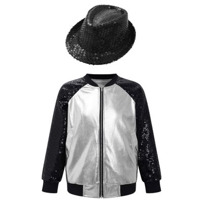 JanJean Kids Girls Boys Sequins Metallic Bomber Jacket Long Sleeve Zip Up Flight Jacket Hip Hop Jazz Performance Dance Silver&Black A 16 Years