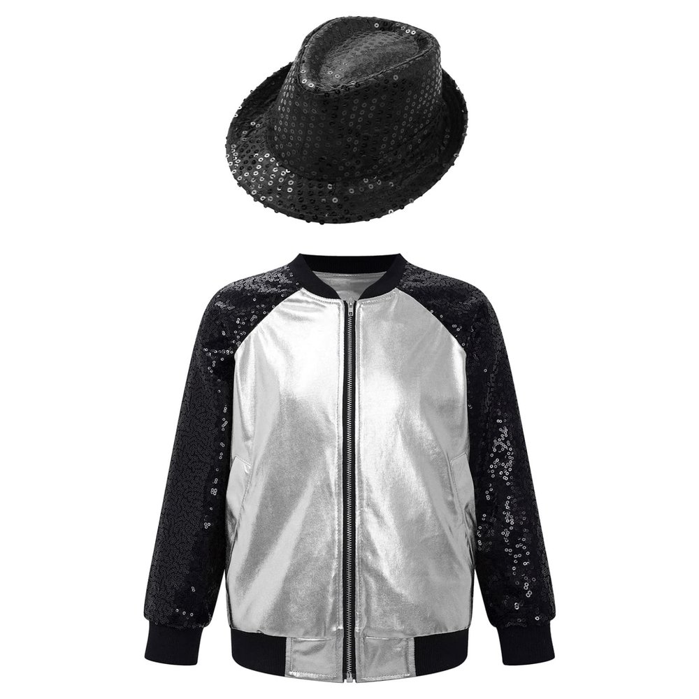 JanJean Kids Girls Boys Sequins Metallic Bomber Jacket Long Sleeve Zip Up Flight Jacket Hip Hop Jazz Performance Dance Silver&Black A 16 Years