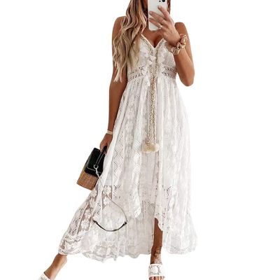 ABOCIW Boho Dress for Women, Women's Casual Summer Lace Up Tassel Cutout Boho Dress V Neck High Waist Long Beach Dresses A-line Fringed Flowy Maxi Dress for Women Beach Vacation White03 XL