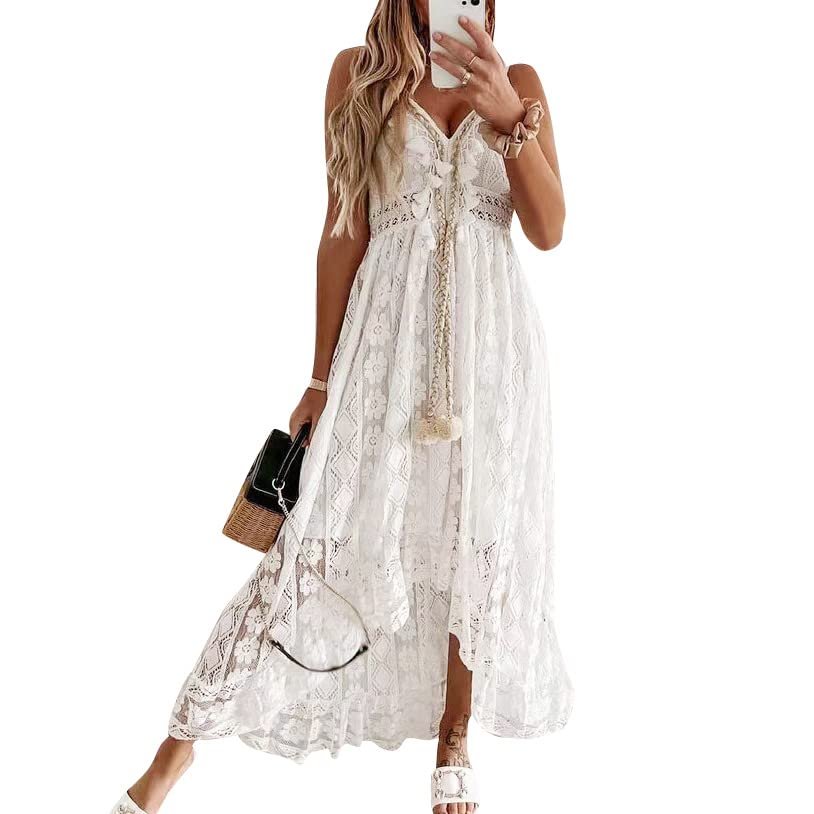 ABOCIW Boho Dress for Women, Women's Casual Summer Lace Up Tassel Cutout Boho Dress V Neck High Waist Long Beach Dresses A-line Fringed Flowy Maxi Dress for Women Beach Vacation White03 XL