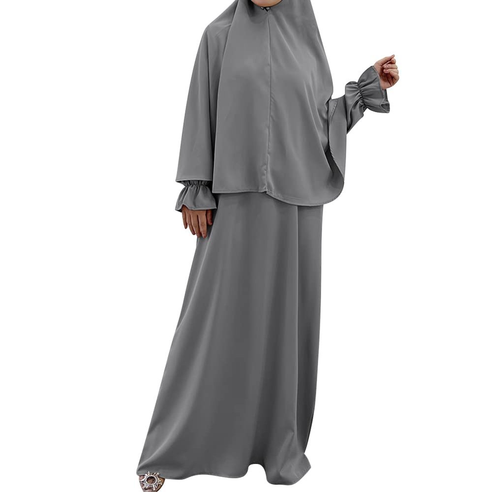 Abayas for Women Muslim Dubai Robe Two Piece Prayer Outfit Khimar Hijab Summer Loose Full Cover Ramadan Kaftan Dresses Middle Eastern Abaya One-Piece Long Sleeve Islamic Prayer Dress Dark Gray XS-S
