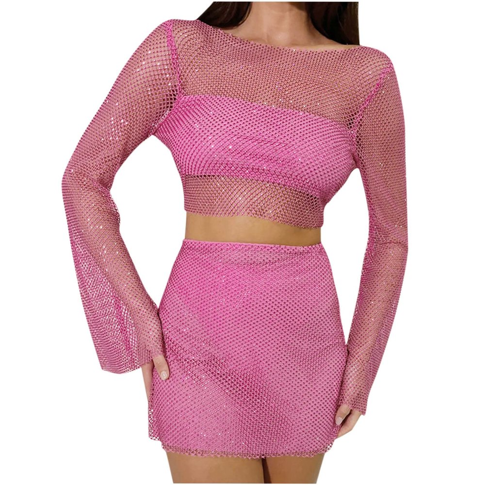 HGps8w Sexy 2 Pieces Outfits Clubwear for Women Sheer Mech Long Sleeve Crop Top and Bodycon Mini Skirt Sets Y2K Streetwear