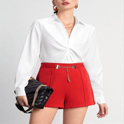 AMDMG Shorts for Women Chain Detail Zip Fly Shorts (Color : Red, Size : Medium)