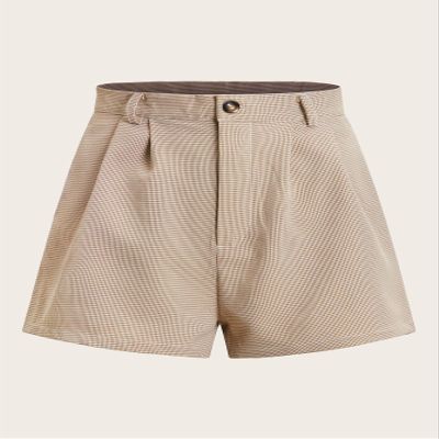 AMDMG Shorts for Women Foldover Pleated Front Houndstooth Shorts (Color : Beige, Size : Small)