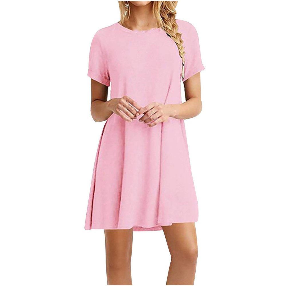 Uillui 2023 Casual Summer Dresses Women's Cute Swing Loose Fit Solid T-Shirt Comfy Flowy Tunic Dress Floral Beach Sundresses