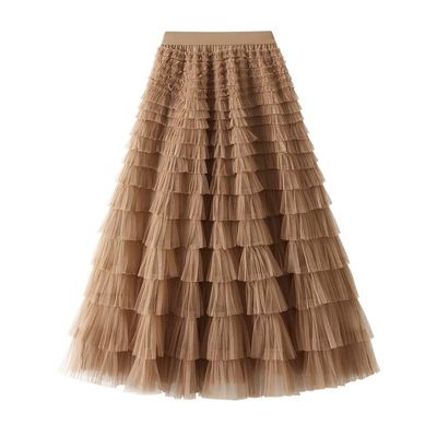Women's Tutu Mesh Skirt Pleated Elastic Waist Layered A-Line Tulle Midi Skirt Ruffle Swing Tiered Petticoat Skirt (Pleated Brown, One Size)