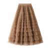 Women's Tutu Mesh Skirt Pleated Elastic Waist Layered A-Line Tulle Midi Skirt Ruffle Swing Tiered Petticoat Skirt (Pleated Brown, One Size) view 1