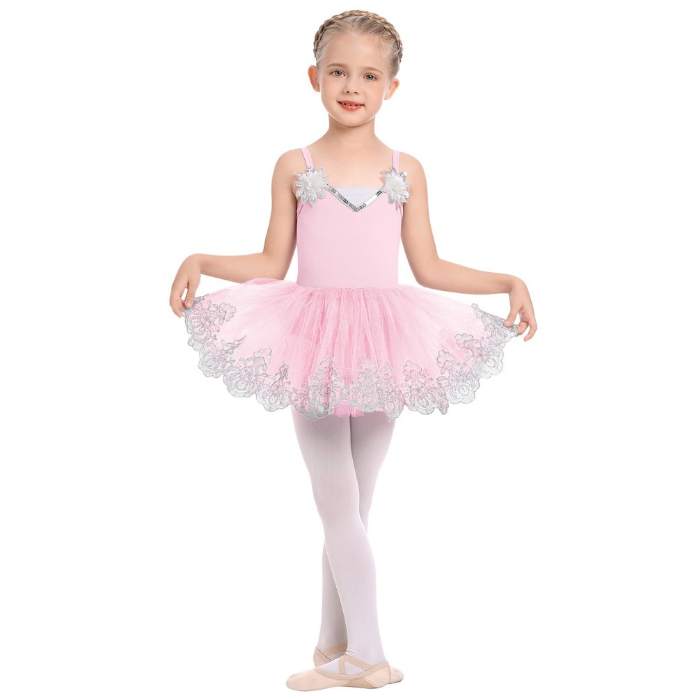 AFAVOM Ballet Leotards for Girls Toddler Sequin Flower Camisole Dance Dress Glitter Lace Tutu Skirted Leotard Ballet Outfit Kids Shiny Ballerina Costume Dancewear Pink - Sequin 11-12 Years