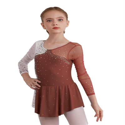 Loloda Girls Long Sleeve Ballet Dance Figure Ice Skating Dress Kids Glitter Leotards with Skirted Performance Costume Reddish Brown 6 Years