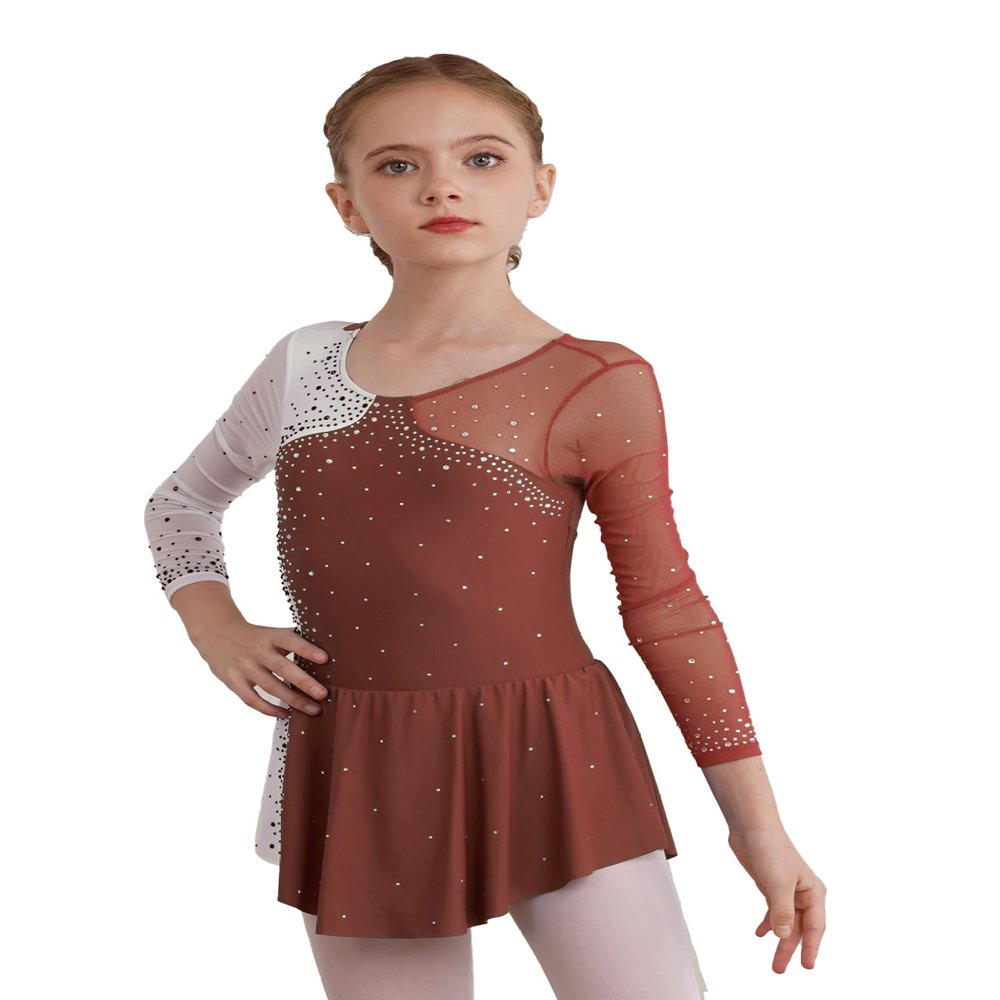 Loloda Girls Long Sleeve Ballet Dance Figure Ice Skating Dress Kids Glitter Leotards with Skirted Performance Costume Reddish Brown 6 Years