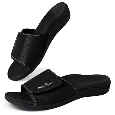 ERGOfoot Slide Sandals with Arch Support, Comfortable Plantar Fasciitis Feet Walking Sandal, Orthopedic Sandals with Adjustable Straps, Foot Pain Relief/Black