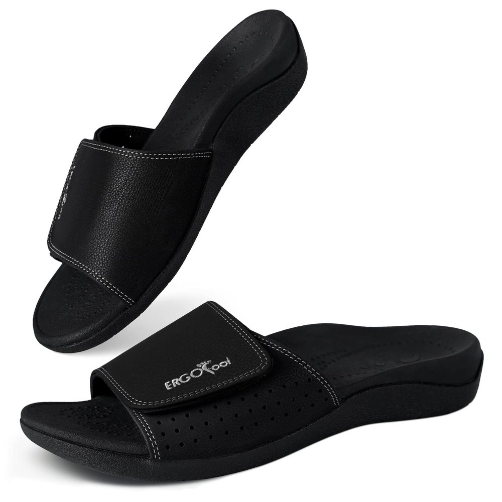 ERGOfoot Slide Sandals with Arch Support, Comfortable Plantar Fasciitis Feet Walking Sandal, Orthopedic Sandals with Adjustable Straps, Foot Pain Relief/Black