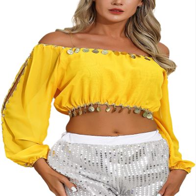 Alvivi Women Belly Dance Costume Sequin Crop Top Split Long Puff Sleeve Halloween Carnival Tops Yellow One Size