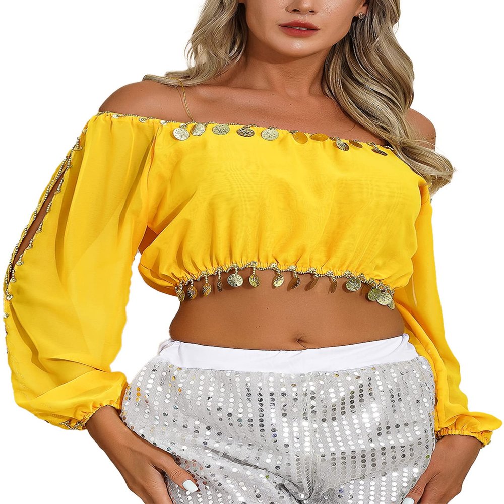 Alvivi Women Belly Dance Costume Sequin Crop Top Split Long Puff Sleeve Halloween Carnival Tops Yellow One Size