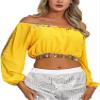 Alvivi Women Belly Dance Costume Sequin Crop Top Split Long Puff Sleeve Halloween Carnival Tops Yellow One Size view 1