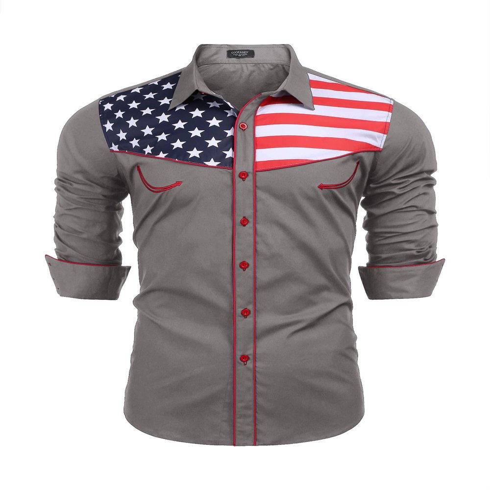 COOFANDY Country Western Shirts for Men American Flag Apparel Long Sleeve Cowboy Casual Dress Patriotic Grat, XX-Large Charcoal