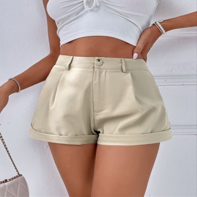 AKIOLOAS Women's Shorts Zipper Fly Fold Pleated Cuffed Hem Shorts Women's Shorts Shorts for Women (Color : Apricot, Size : Small)
