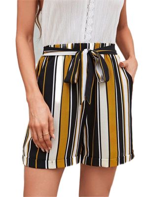CRTGW Shorts for Women Striped Tie Front Roll Up Hem Shorts (Color : Multicolor, Size : Medium)