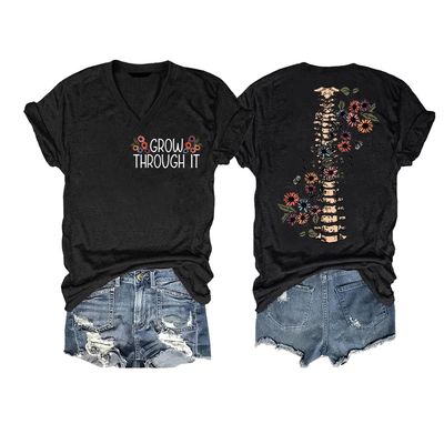 Skull You Grow Through What You Go Through Shirt Mental Health T Shirt Grow Through It Shirt V Neck Casual Loose Tee Tops Vintage Positive Gift Tshirts T Loose Black T Plus Size XL