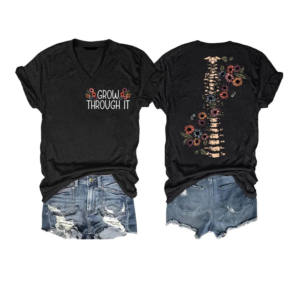 Skull You Grow Through What You Go Through Shirt Mental Health T Shirt Grow Through It Shirt V Neck Casual Loose Tee Tops Vintage Positive Gift Tshirts T Loose Black T Plus Size XL