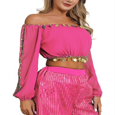 Alvivi Women Belly Dance Costume Sequin Crop Top Split Long Puff Sleeve Halloween Carnival Tops Hot Pink One Size
