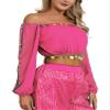 Alvivi Women Belly Dance Costume Sequin Crop Top Split Long Puff Sleeve Halloween Carnival Tops Hot Pink One Size