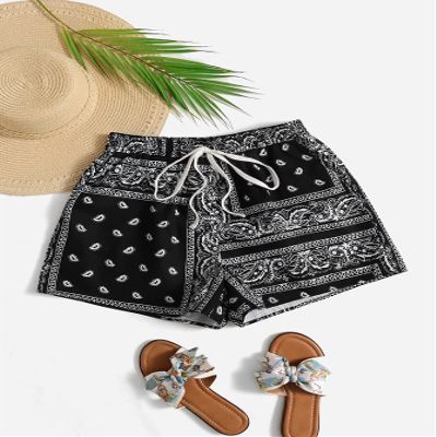 AKIOLOAS Women's Shorts Paisley Print Drawstring Waist Shorts Women's Shorts Shorts for Women (Color : Black and White, Size : Large)