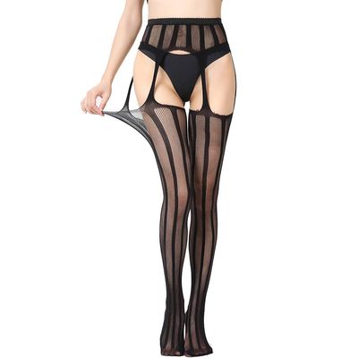 SAFSOU Fishnet Leggings With Garter Belt Sexy Black Striped Tights High Waist Fishnets Thigh High Stockings For Women
