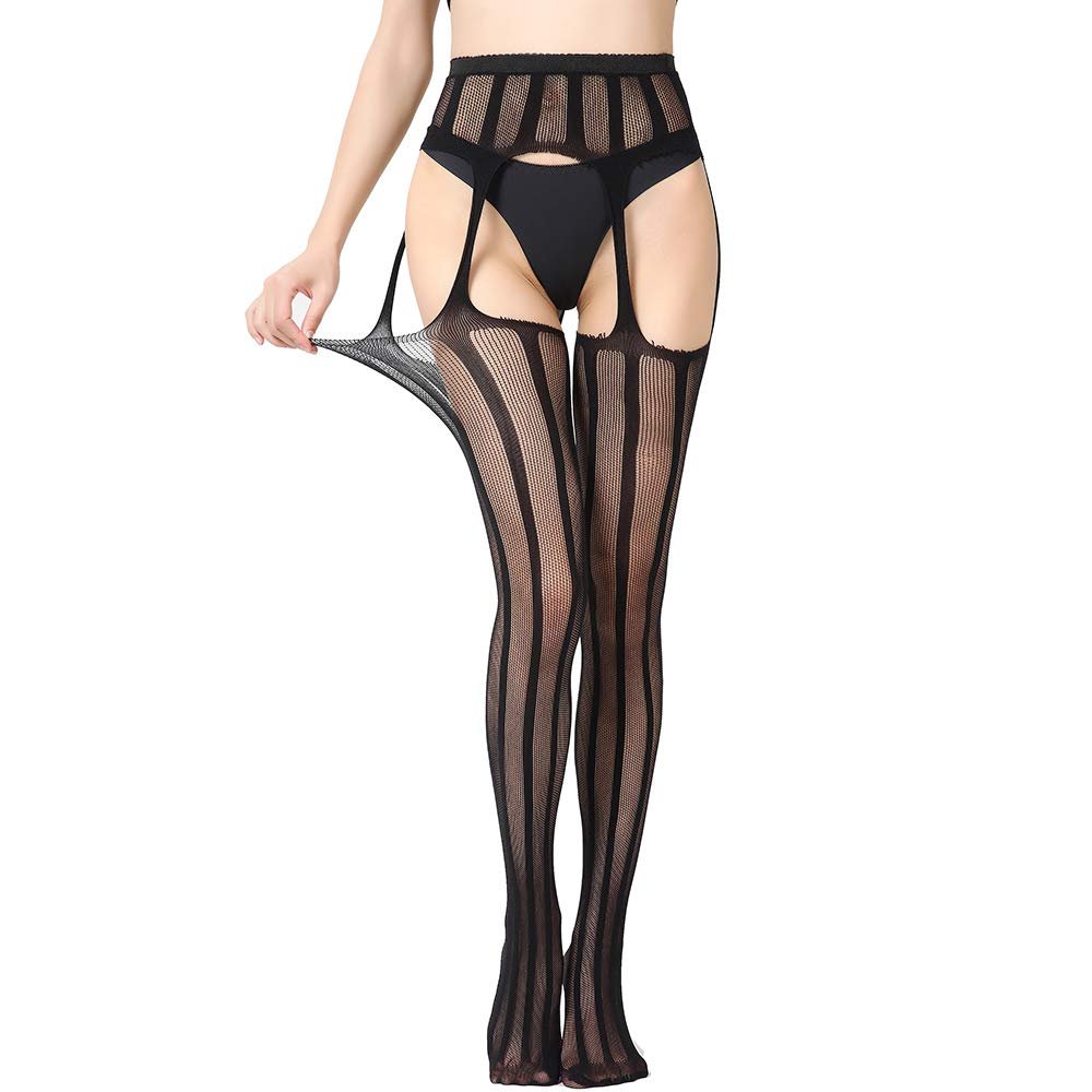 SAFSOU Fishnet Leggings With Garter Belt Sexy Black Striped Tights High Waist Fishnets Thigh High Stockings For Women